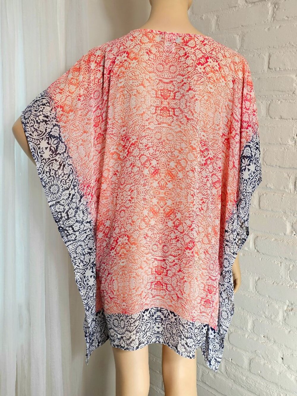 Tommy Bahama Kaftan Cover-Up Size M Coral Navy Border Print Beach - Picture 4 of 7